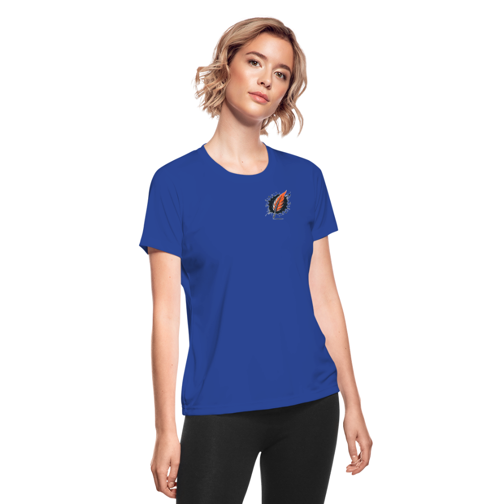 Women's Orange Swirling Mountains Graphic Moisture Wicking Performance T-Shirt with Logo - royal blue