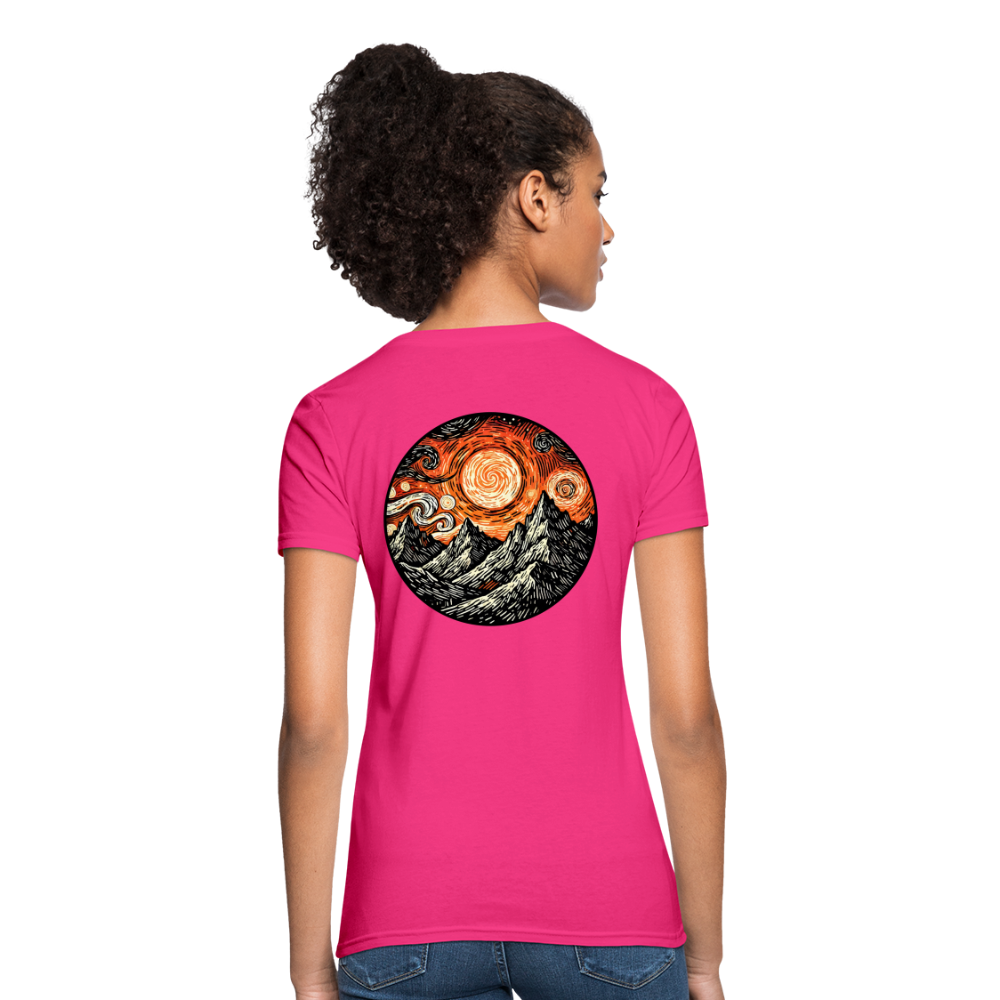 Women's Orange Swirling Mountains Graphic T-Shirt with Logo - fuchsia