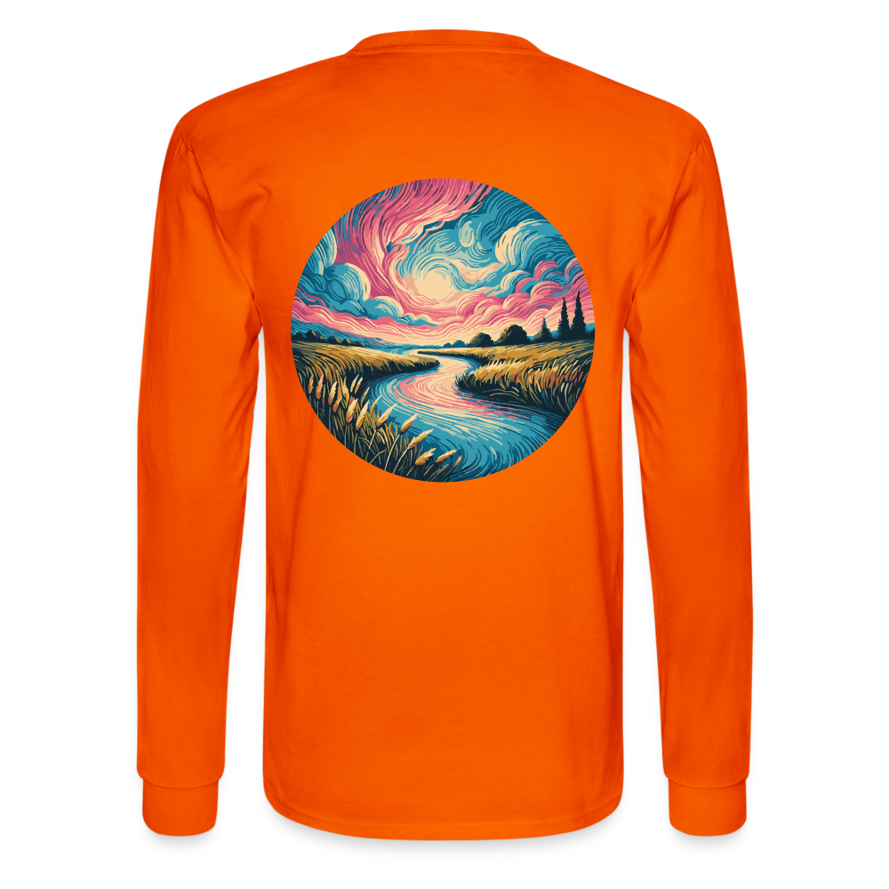 Men's River Pink and Blue Sky Graphic Long Sleeve Shirt with Logo - orange