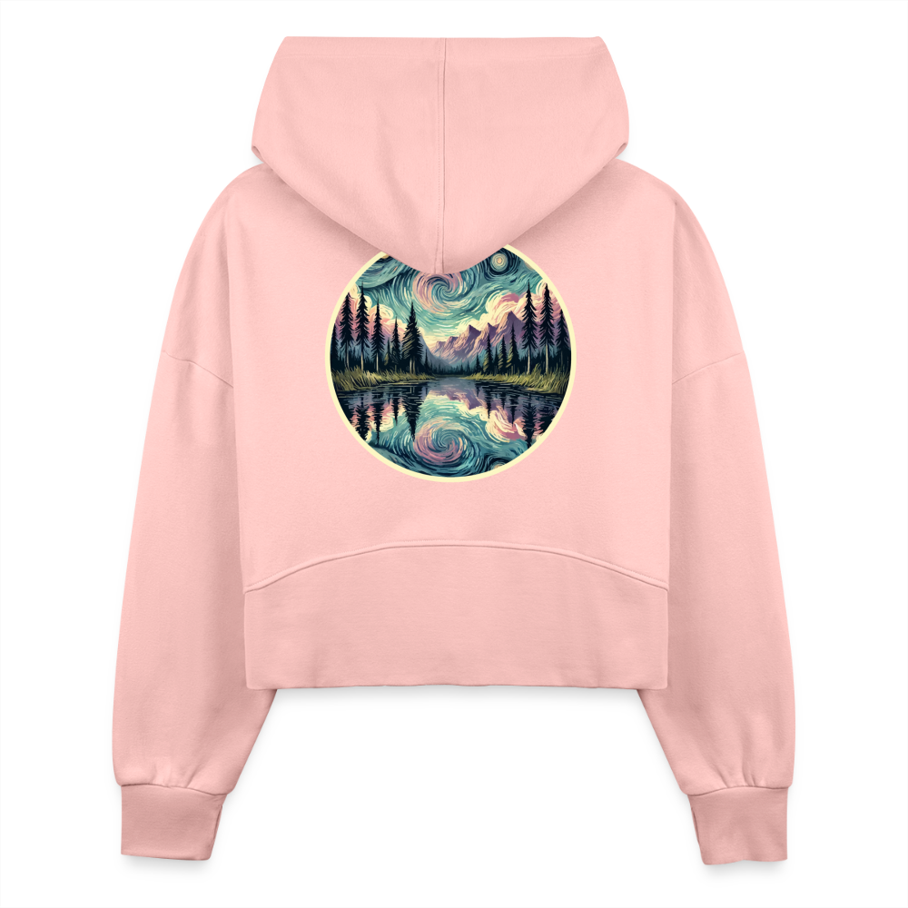 Women's Purple Swirling Sky Reflected on Lake Graphic Half Zip Cropped Hoodie with Logo - light pink