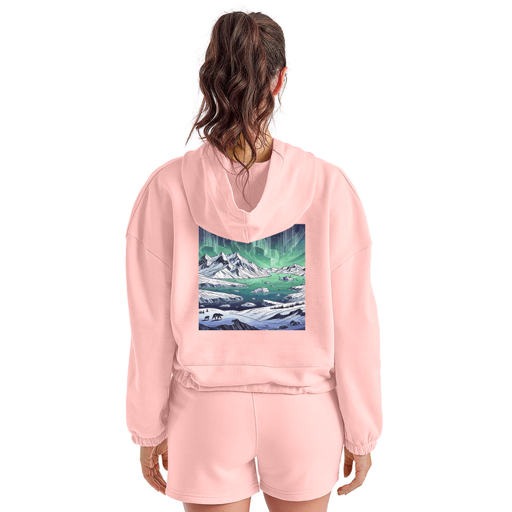 Women’s Colored Northern Lights Arctic Landscape Graphic Cropped Hoodie with Logo - light pink