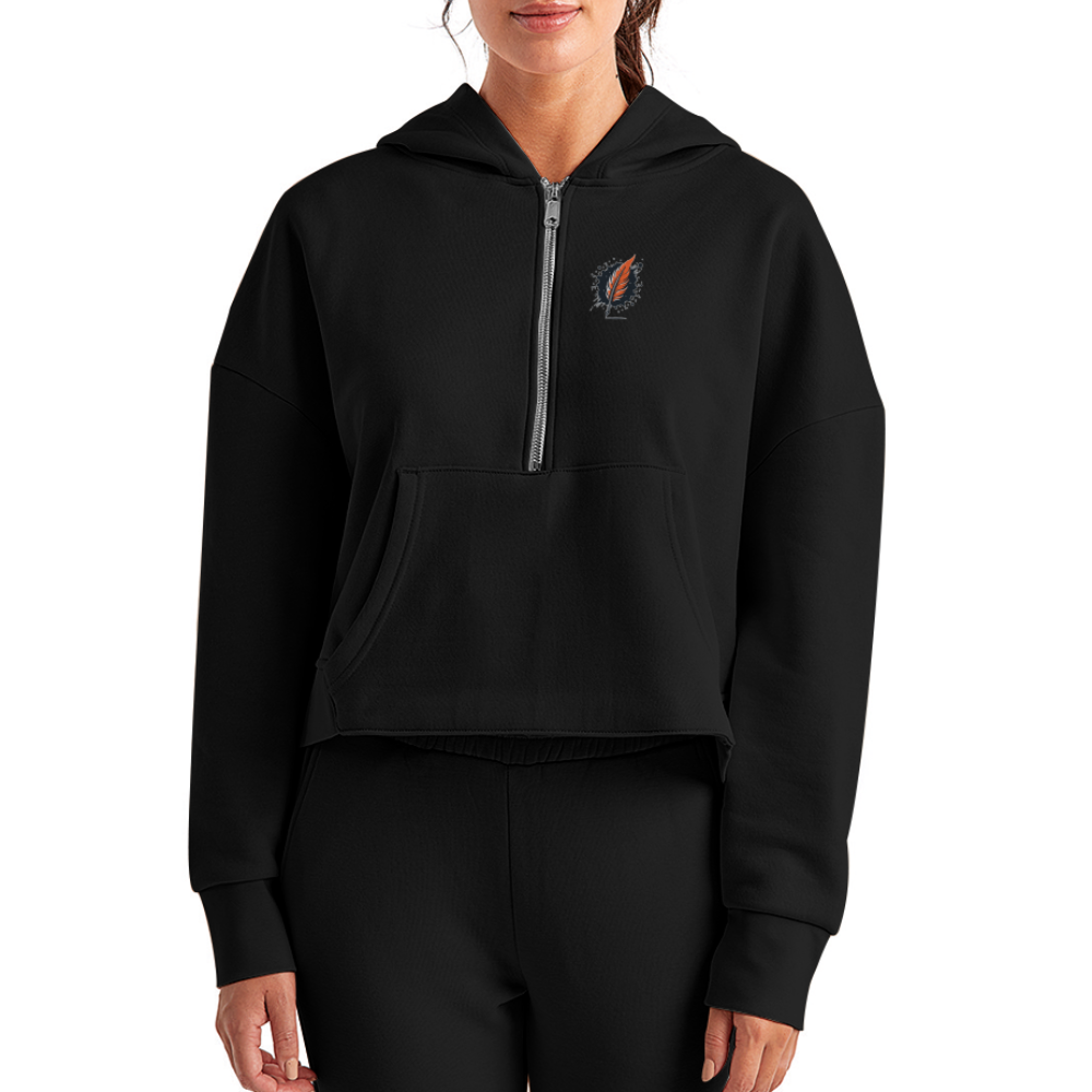 Women's Purple Swirling Sky Reflected on Lake Graphic Half Zip Cropped Hoodie with Logo - black