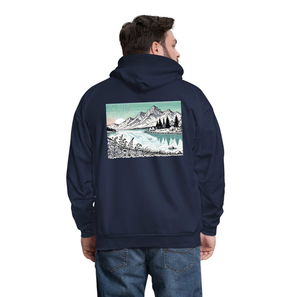 Men's Colored Mountain Lake Landscape Graphic Hoodie with Logo - navy