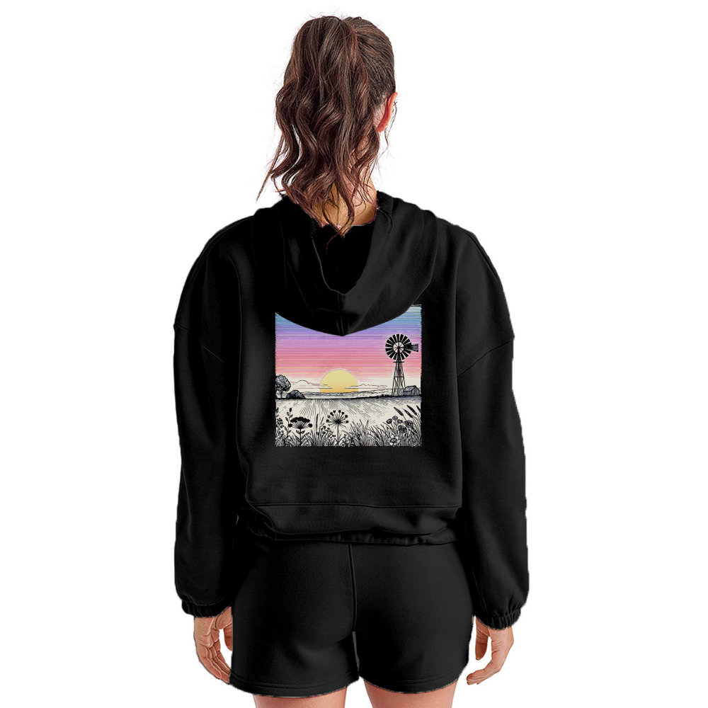 Women’s Colored Prairie Landscape Graphic Cropped Hoodie with Logo - black