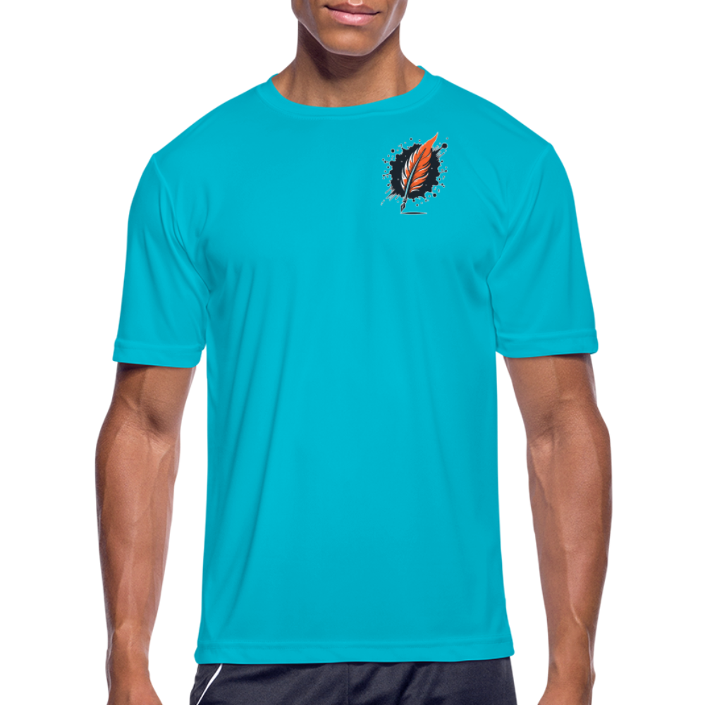 Men’s Orange and Black Mountain Range Graphic Moisture Wicking Performance T-Shirt with Logo - turquoise