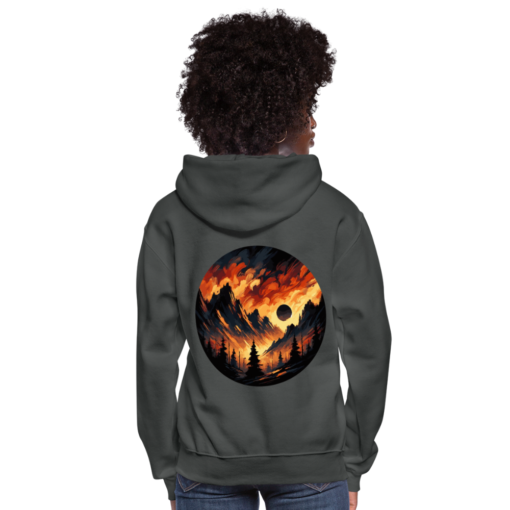 Women's Brushed Orange and Black Mountain Range Graphic Hoodie with Logo - asphalt