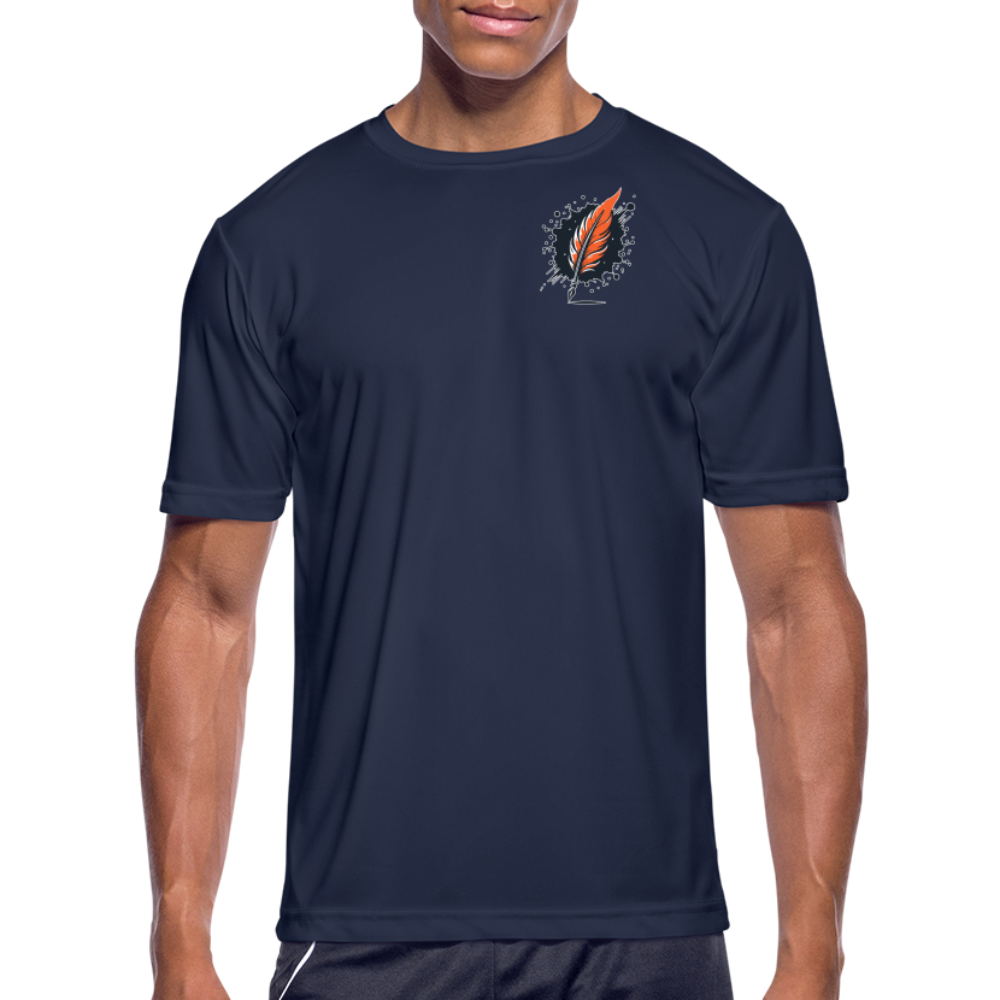 Men’s Orange and Black Mountain Range Graphic Moisture Wicking Performance T-Shirt with Logo - navy