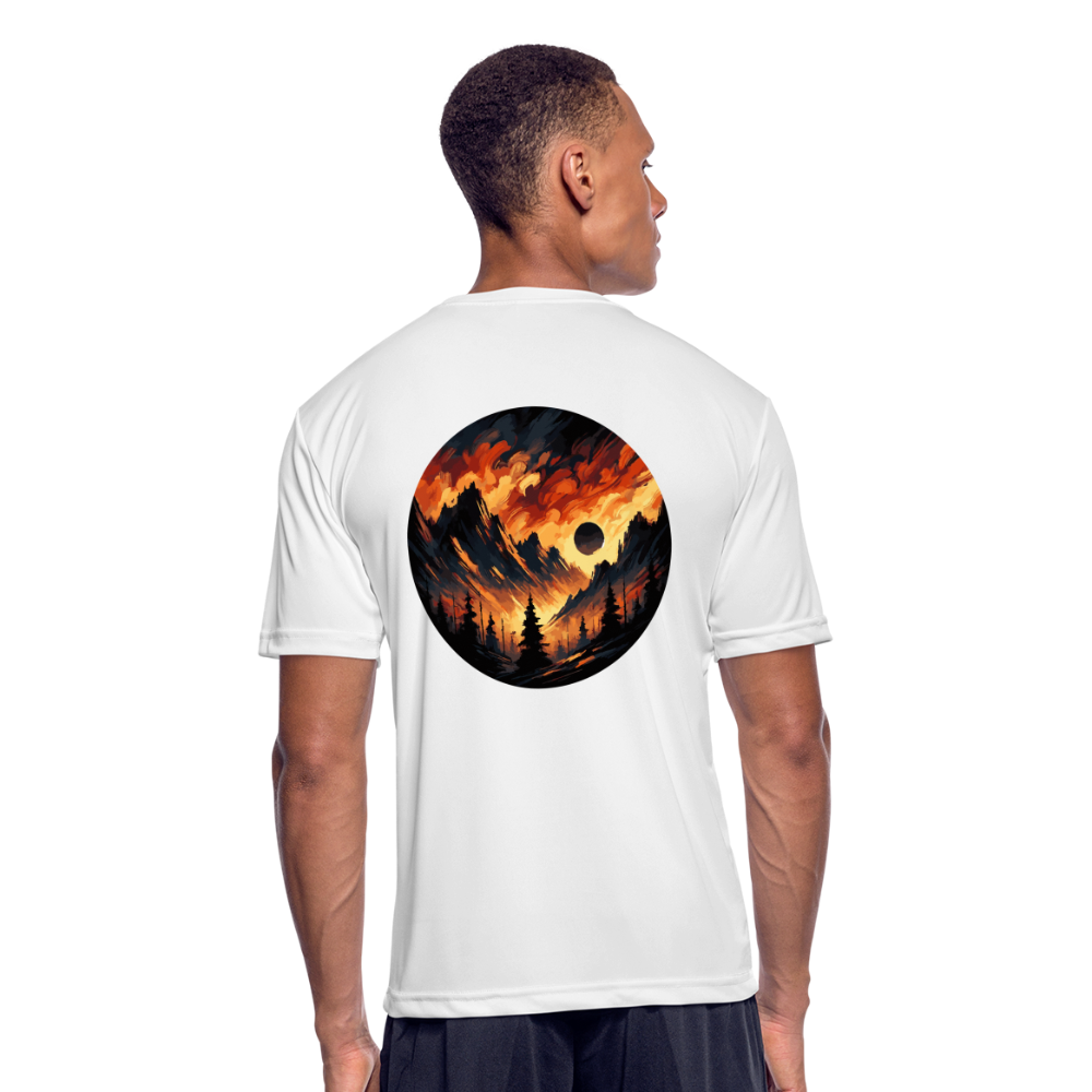 Men’s Brushed Orange and Black Mountain Range Graphic Moisture Wicking Performance T-Shirt with Logo - white