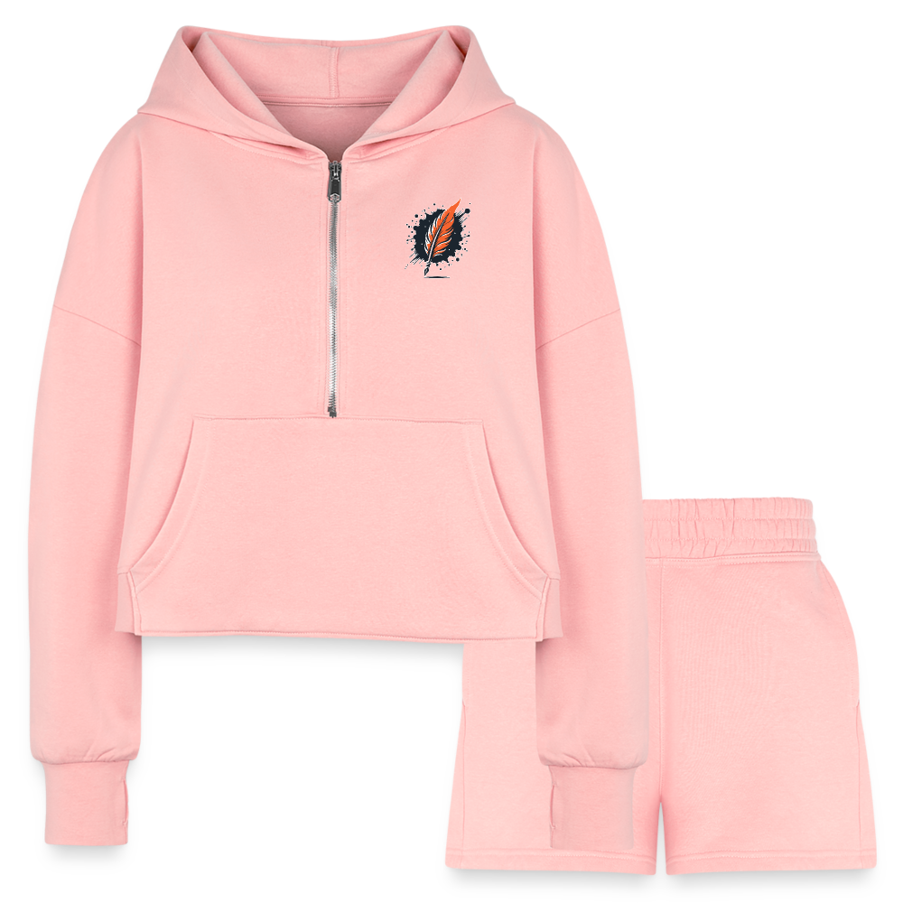 Women’s Colored Prairie Landscape Graphic Half Zip Cropped Hoodie & Jogger Short Set with Logo - light pink