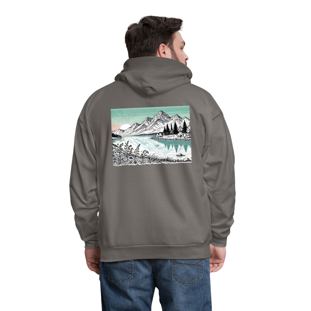 Men's Colored Mountain Lake Landscape Graphic Hoodie with Logo - asphalt gray