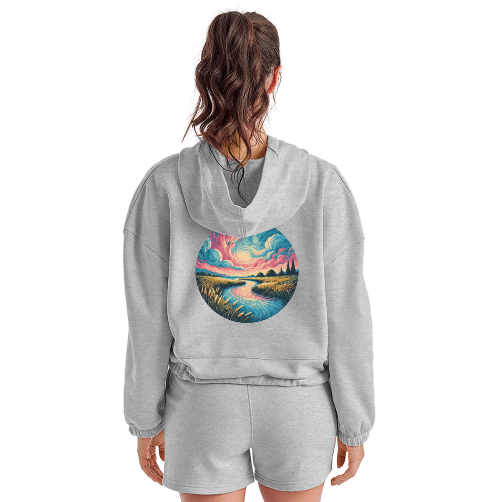 Women’s River Pink and Blue Sky Graphic Cropped Hoodie with Logo - heather gray