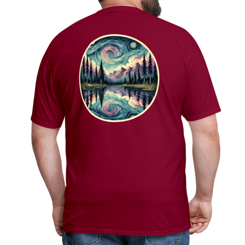 Purple Swirling Sky Reflected on Lake Graphic Unisex Classic T-Shirt with Logo - burgundy