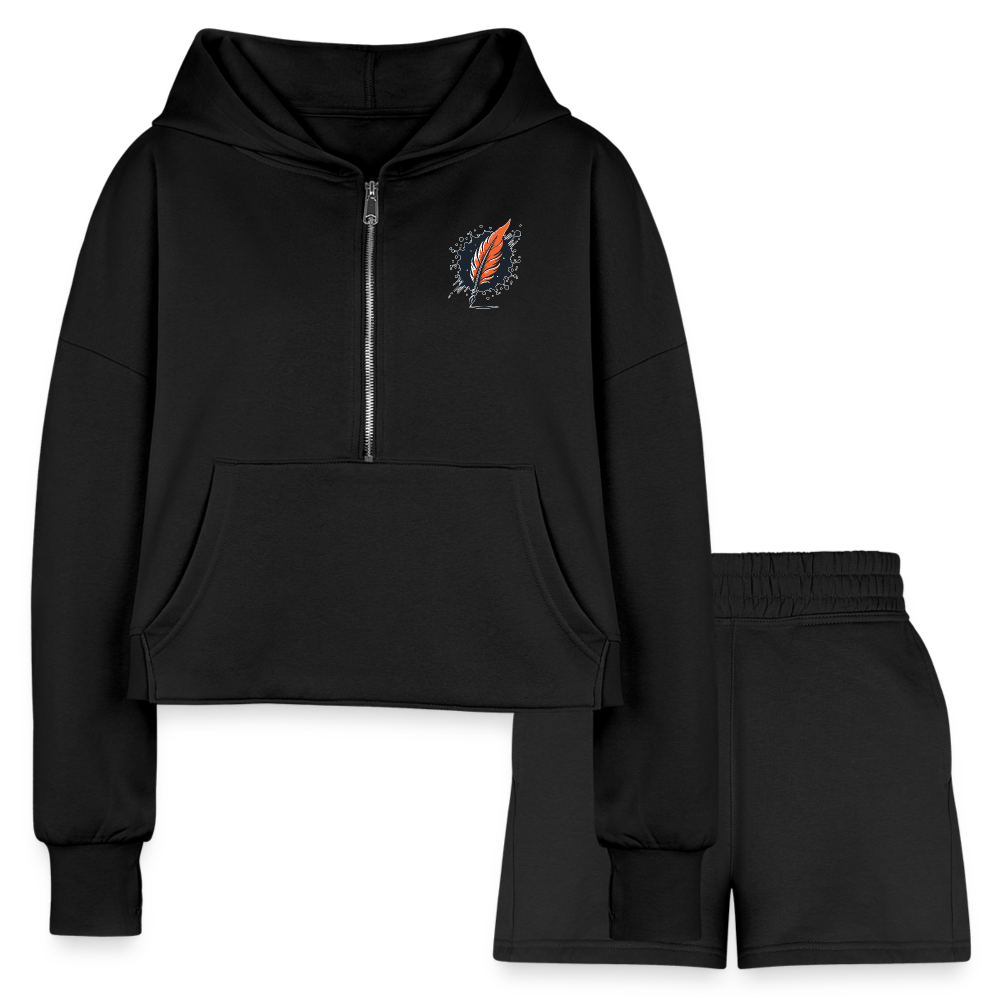 Women’s Orange Forest Sunset Graphic Half Zip Cropped Hoodie & Jogger Short Set with Logo - black