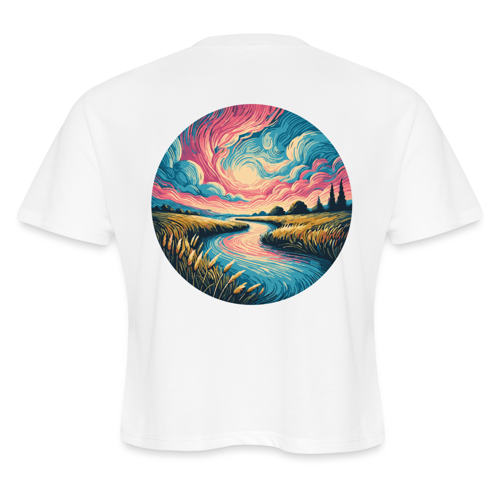 Women's River Pink and Blue Sky Graphic Cropped T-Shirt with Logo - white