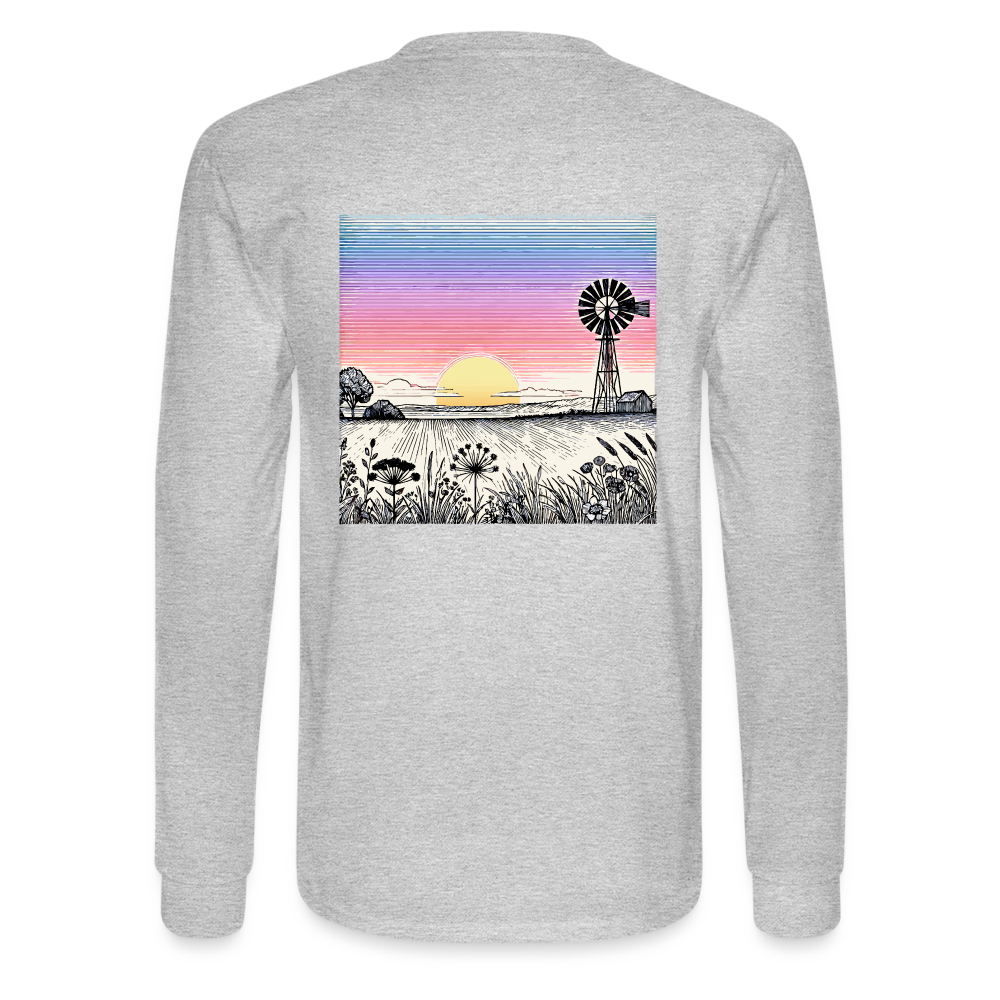 Men's Colored Prairie Landscape Graphic Long Sleeve Shirt with Logo - heather gray