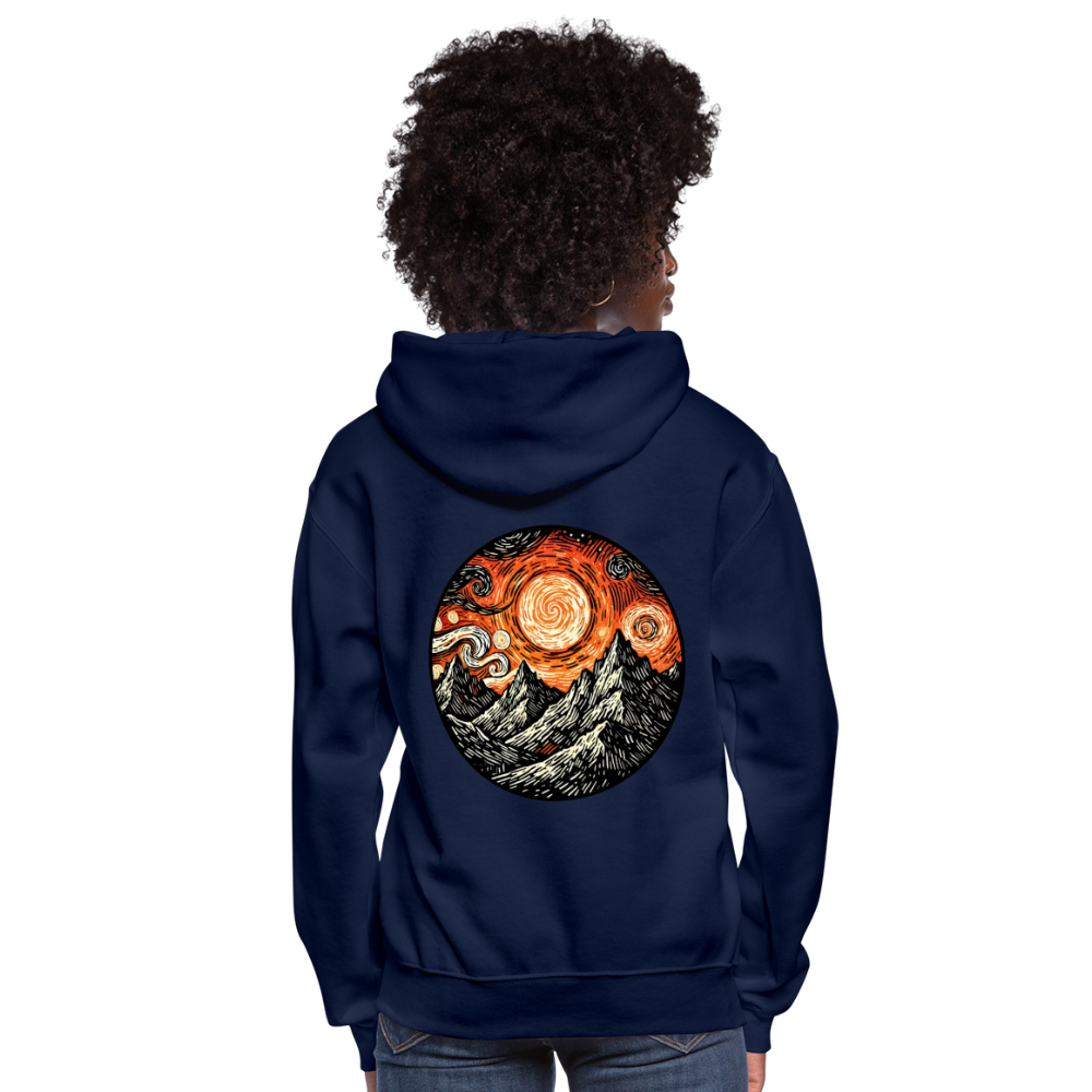 Women's Orange Swirling Mountains Graphic Hoodie with Logo - navy