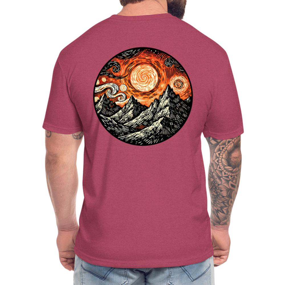 Orange Swirling Mountains Graphic Unisex Fitted Cotton/Poly T-Shirt with Logo - heather burgundy