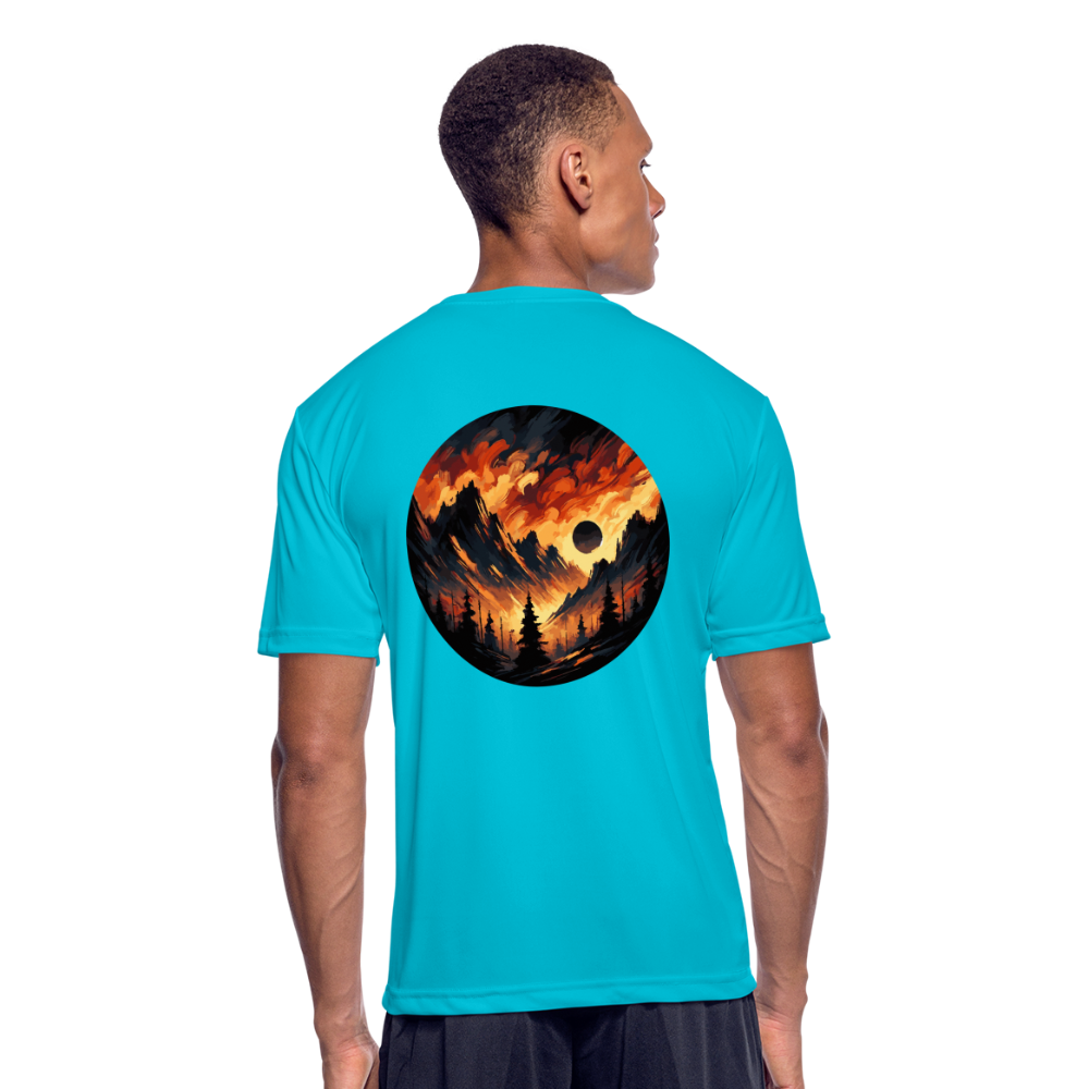 Men’s Brushed Orange and Black Mountain Range Graphic Moisture Wicking Performance T-Shirt with Logo - turquoise