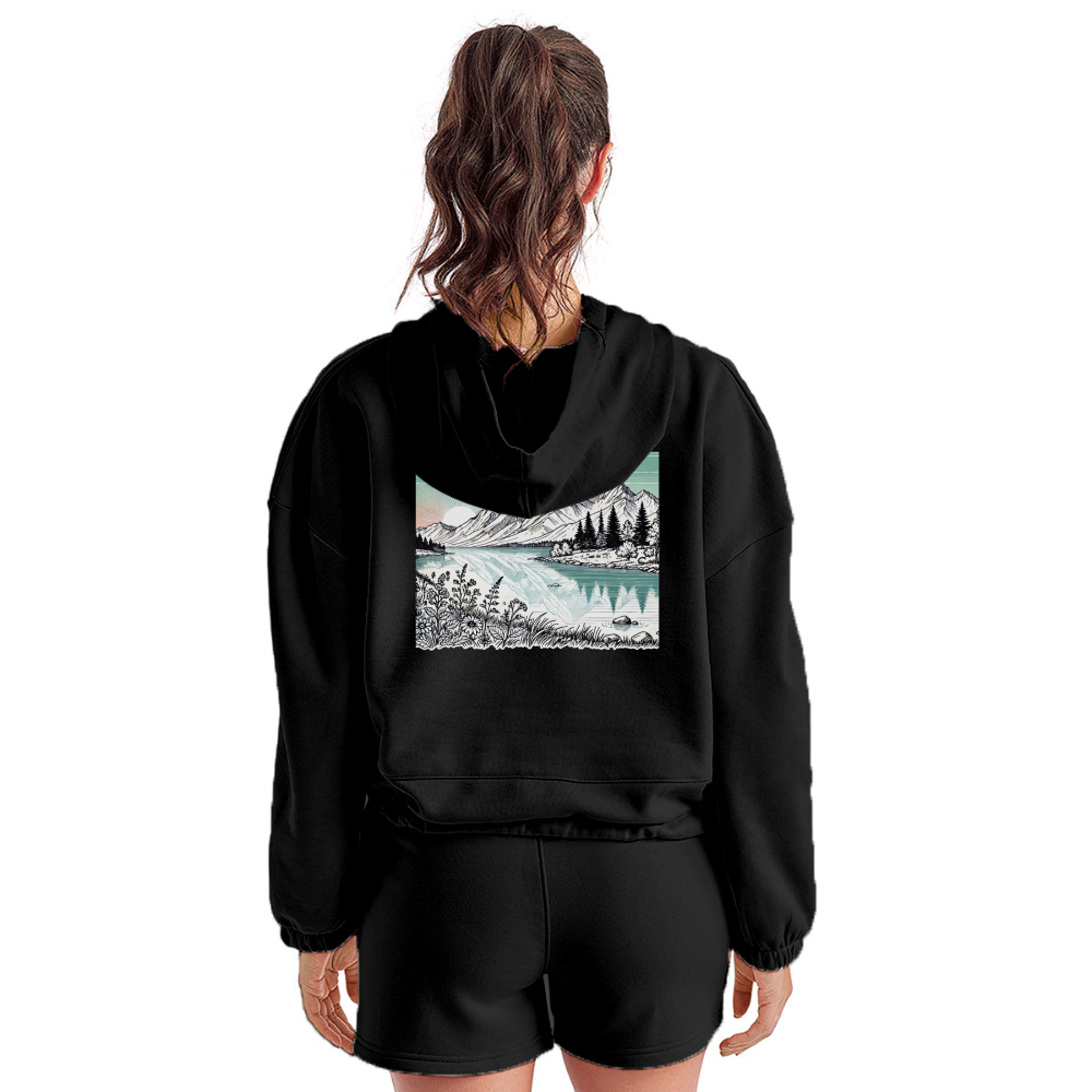 Women’s Colored Mountain Lake Landscape Graphic Cropped Hoodie with Logo - black