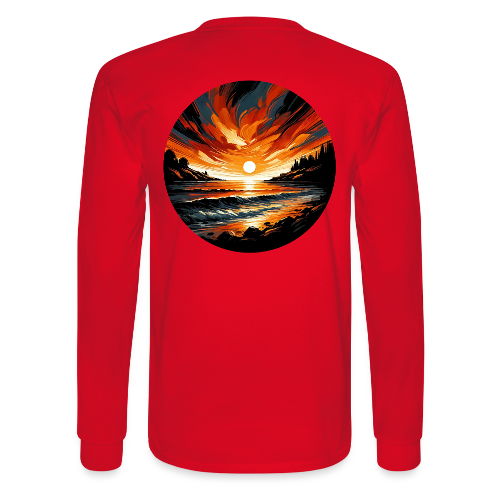 Men's Beach Sunset Graphic Long Sleeve Shirt with Logo - red