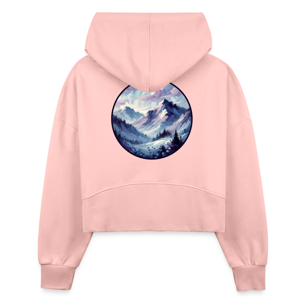 Women's Lavender Blue Mountain Range Graphic Half Zip Cropped Hoodie with Logo - light pink