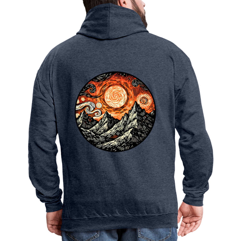 Orange Swirling Mountains Graphic Unisex Contrast Hoodie with Logo - indigo heather/asphalt