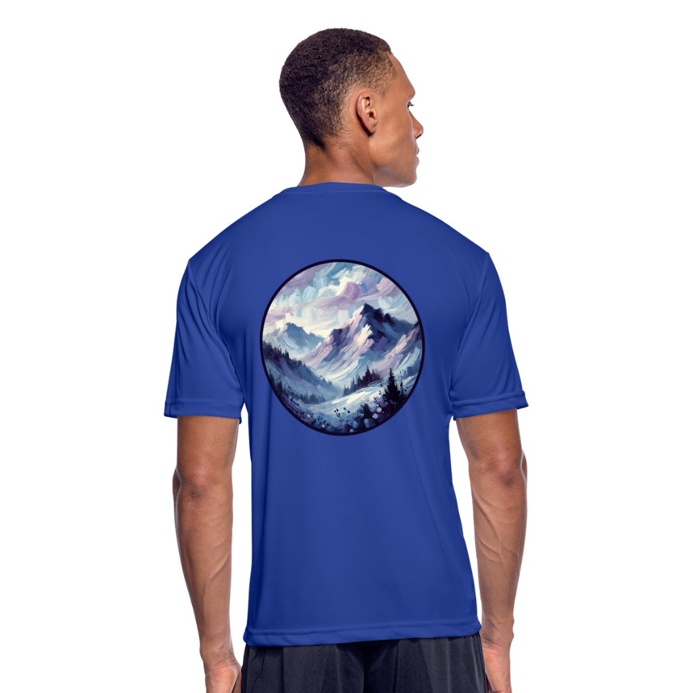 Men’s Lavender Blue Mountain Range Graphic Moisture Wicking Performance T-Shirt with Logo - royal blue