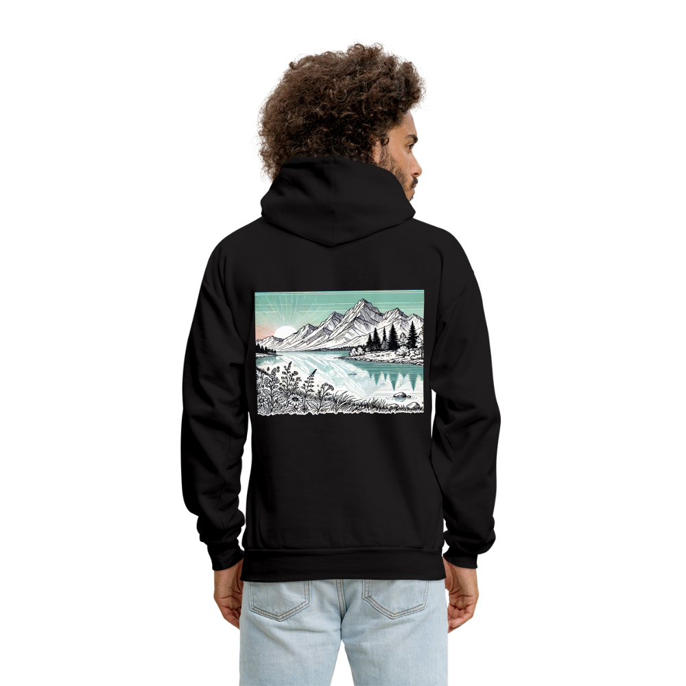 Men's Colored Mountain Lake Landscape Graphic Hoodie with Logo - black