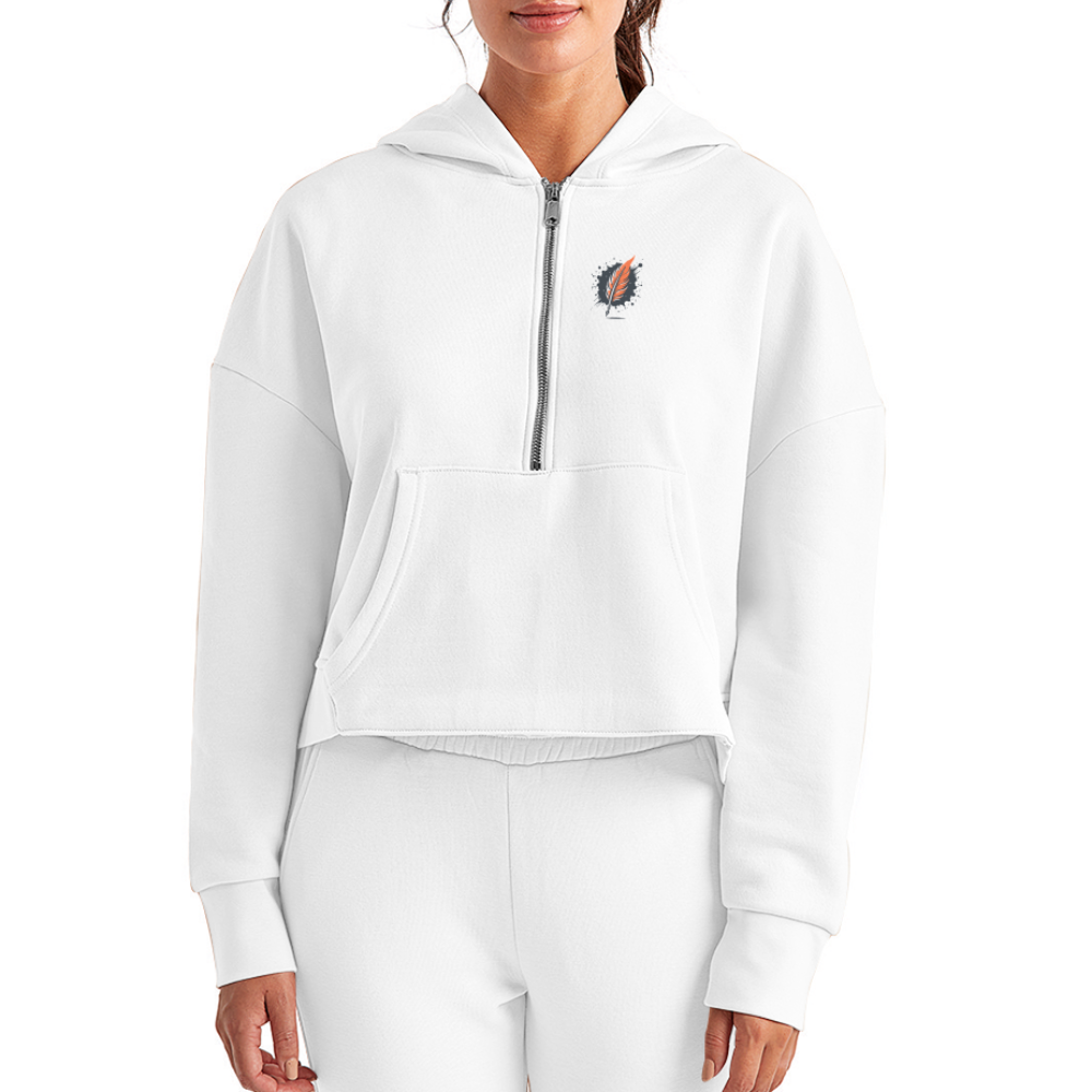 Women's Brushed Orange and Black Mountain Range Graphic Half Zip Cropped Hoodie with Logo - white