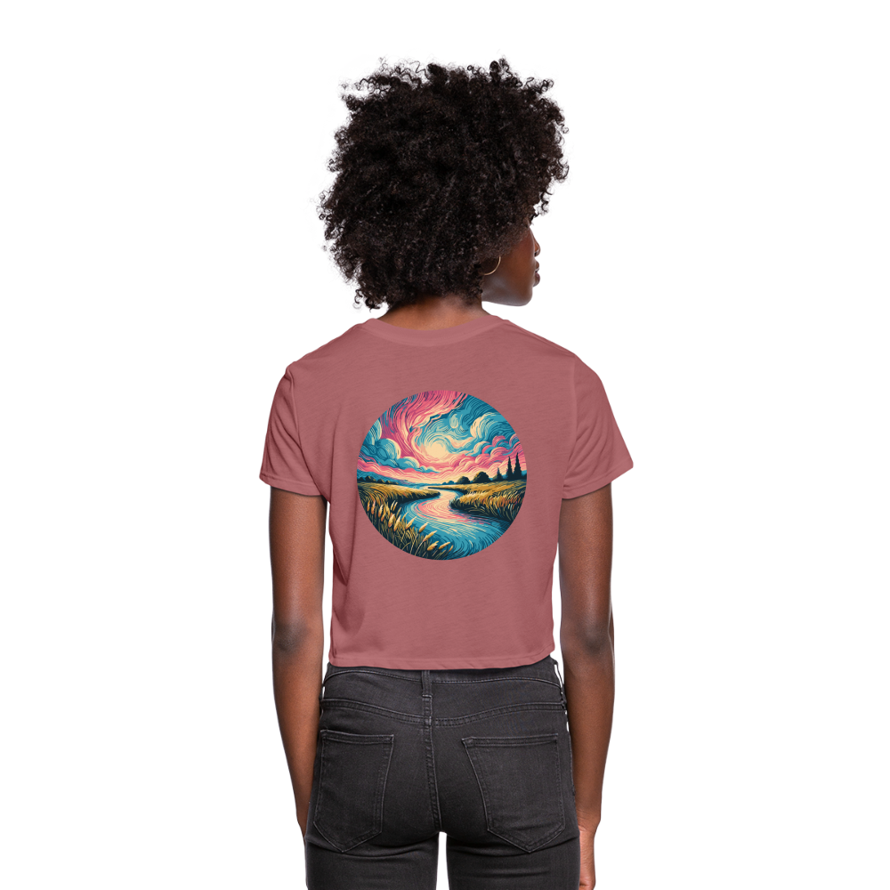 Women's River Pink and Blue Sky Graphic Cropped T-Shirt with Logo - mauve