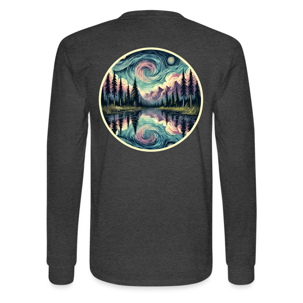 Men's Purple Swirling Sky Reflected on Lake Graphic Long Sleeve Shirt with Logo - heather black