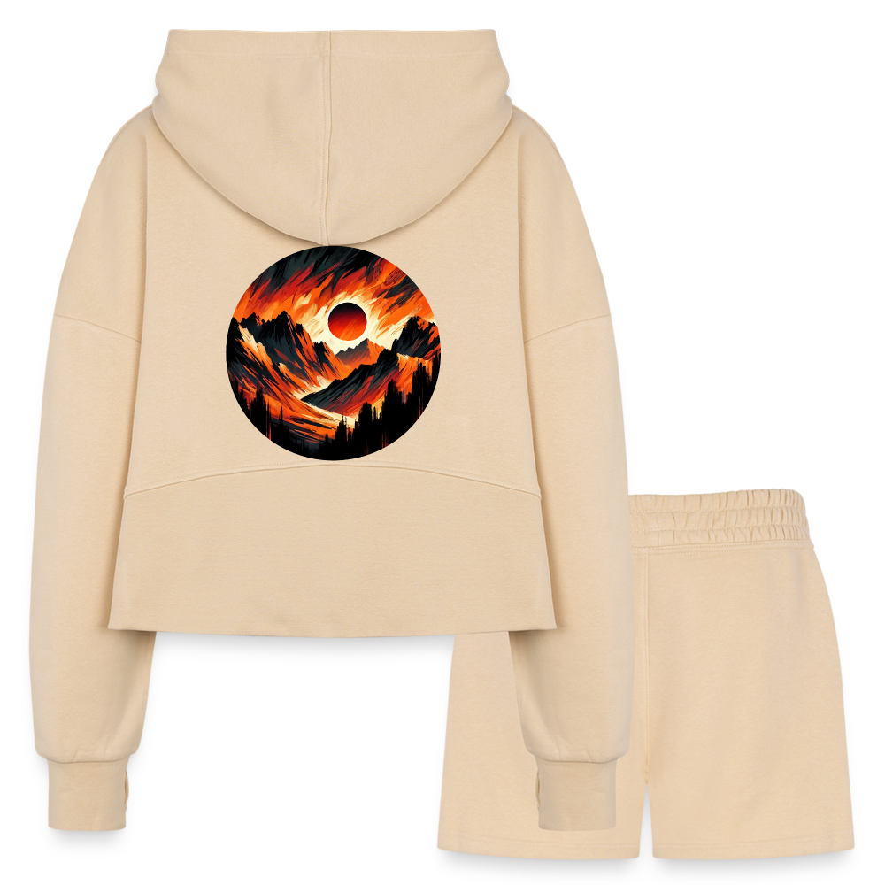 Women’s Orange and Black Mountain Range Graphic Half Zip Cropped Hoodie & Jogger Short Set with Logo - nude