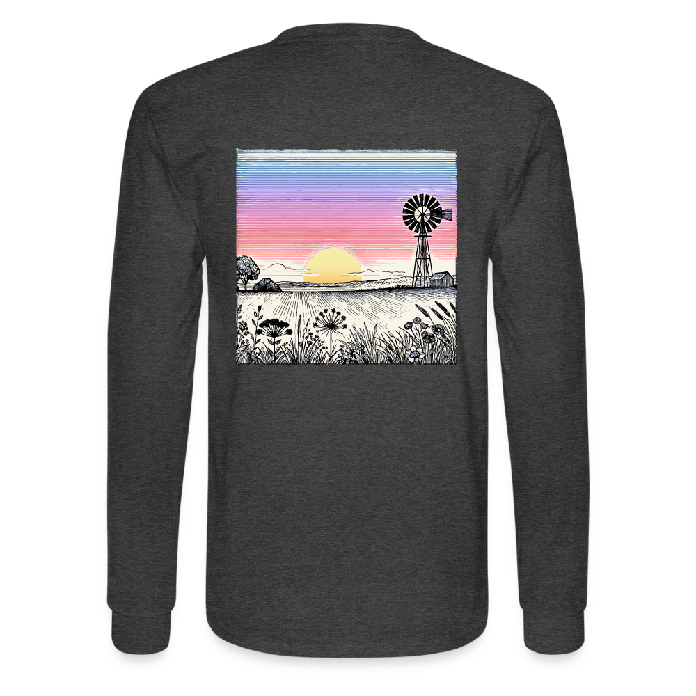 Men's Colored Prairie Landscape Graphic Long Sleeve Shirt with Logo - heather black