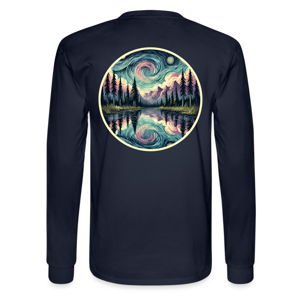 Men's Purple Swirling Sky Reflected on Lake Graphic Long Sleeve Shirt with Logo - navy