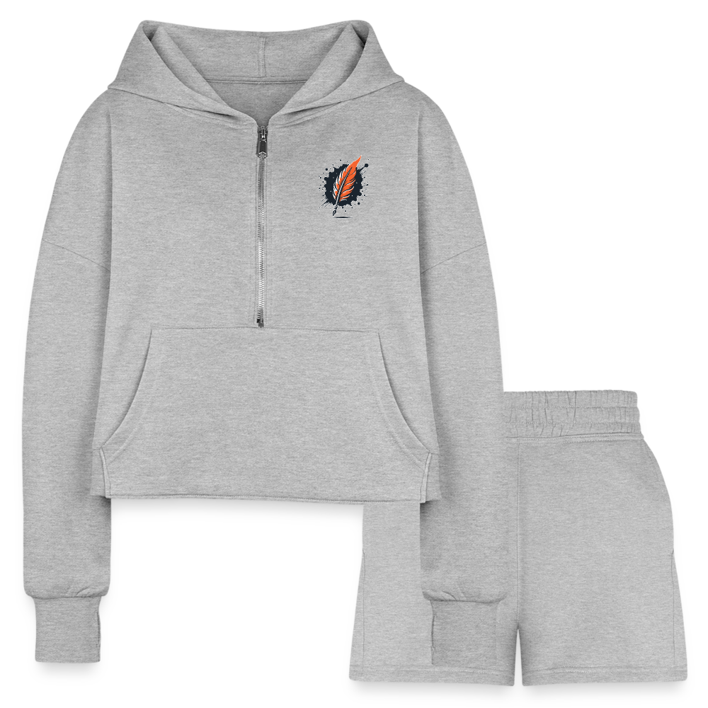 Women’s Colored Mountain Lake Landscape Graphic Half Zip Cropped Hoodie & Jogger Short Set with Logo - heather gray