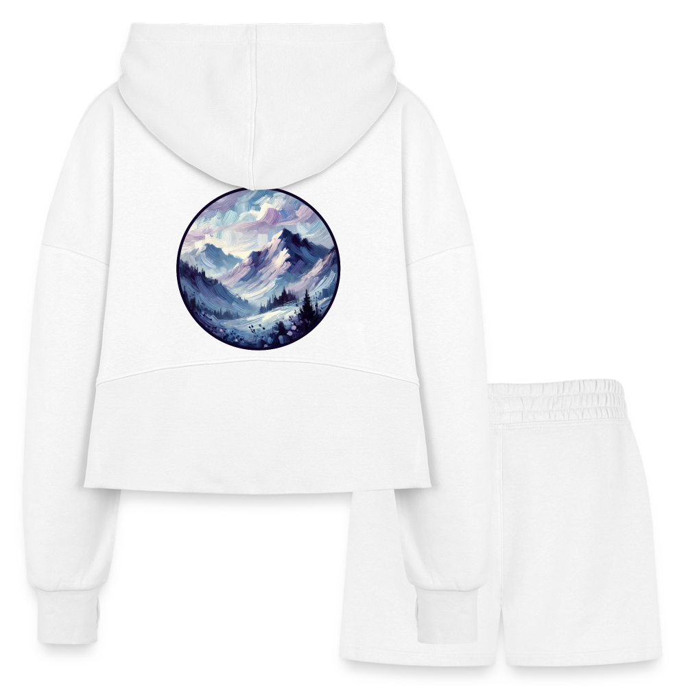 Women’s Lavender Blue Mountain Range Graphic Half Zip Cropped Hoodie & Jogger Short Set with Logo - white