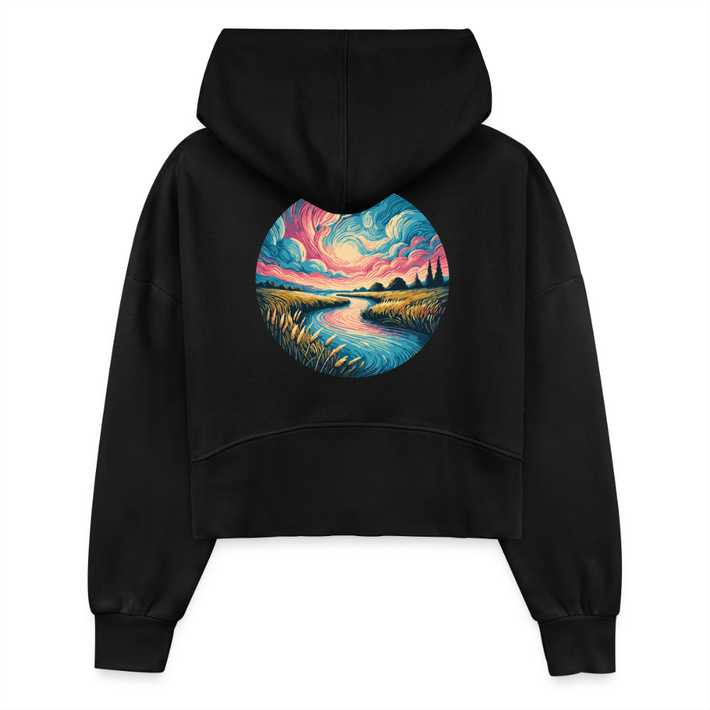 Women's River Pink and Blue Sky Graphic Half Zip Cropped Hoodie with Logo - black