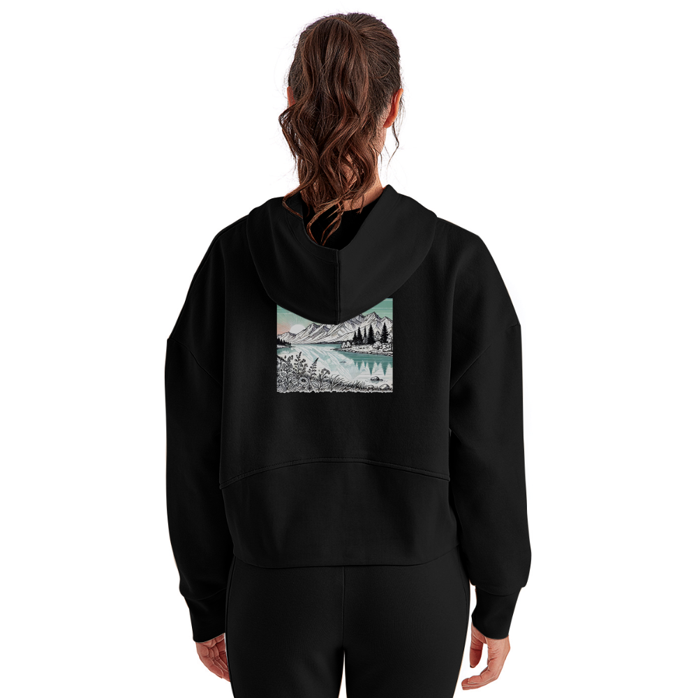 Women's Colored Mountain Lake Landscape Graphic Half Zip Cropped Hoodie with Logo - black