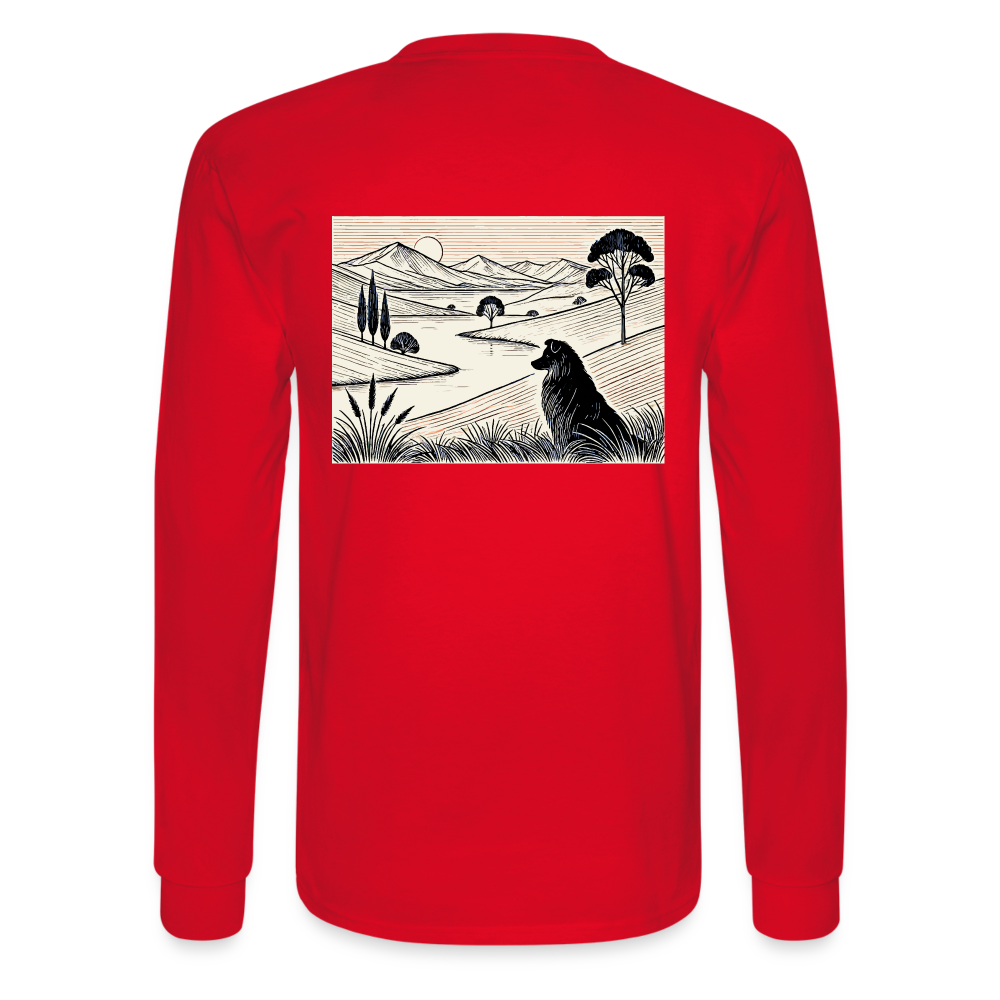 Men's Australian Shepherd Prairie Graphic Long Sleeve Shirt with Logo - red