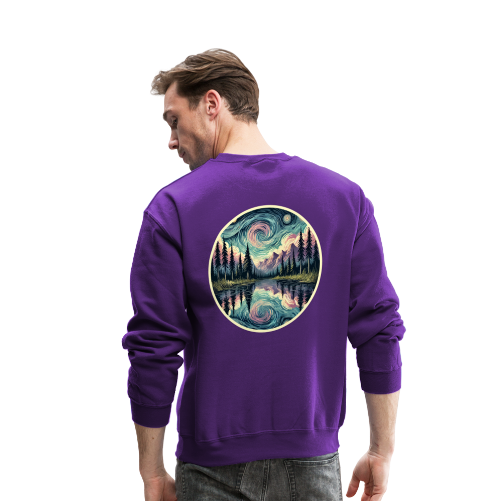 Purple Swirling Sky Reflected on Lake Graphic Crewneck Sweatshirt with Logo - purple