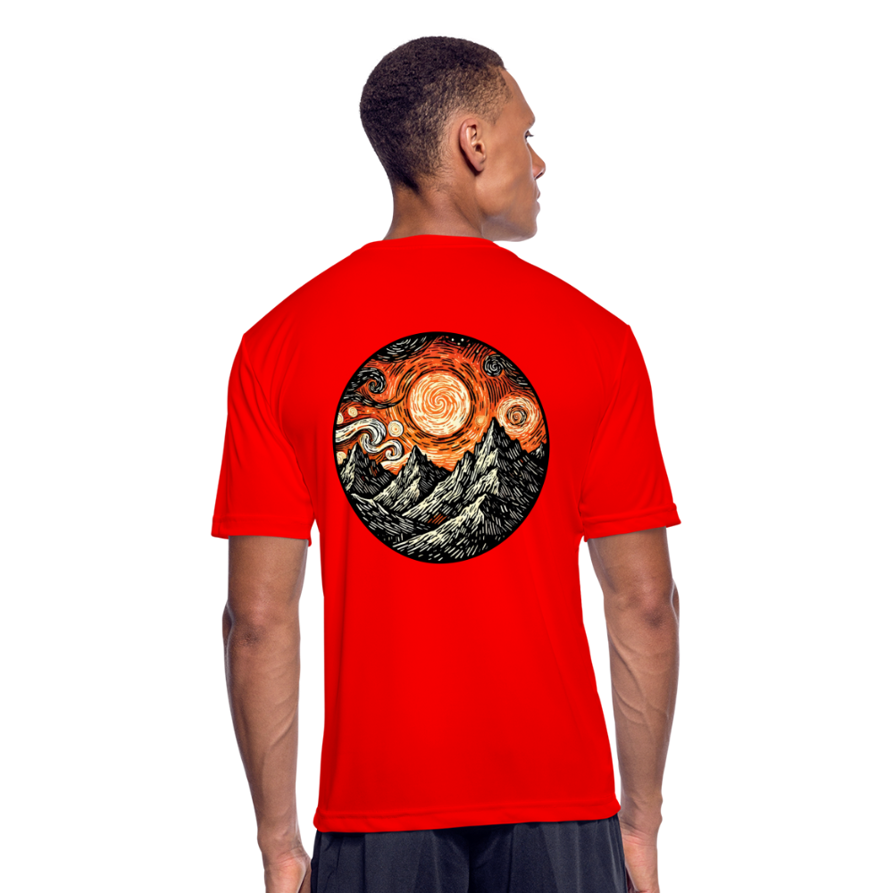 Men’s Orange Swirling Mountains Graphic Moisture Wicking Performance T-Shirt with Logo - red