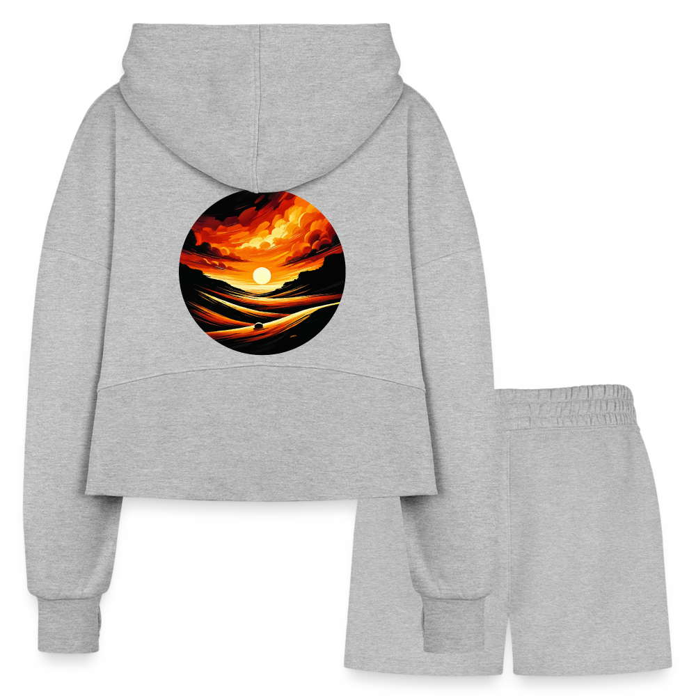 Women’s Desert Sunset Graphic Half Zip Cropped Hoodie & Jogger Short Set with Logo - heather gray