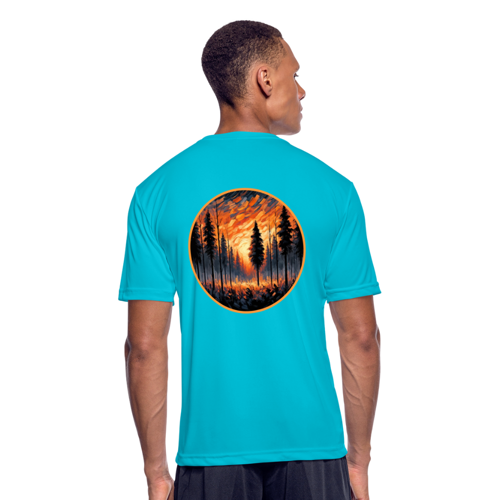 Men’s Orange Forest Sunset Graphic Moisture Wicking Performance T-Shirt with Logo - turquoise