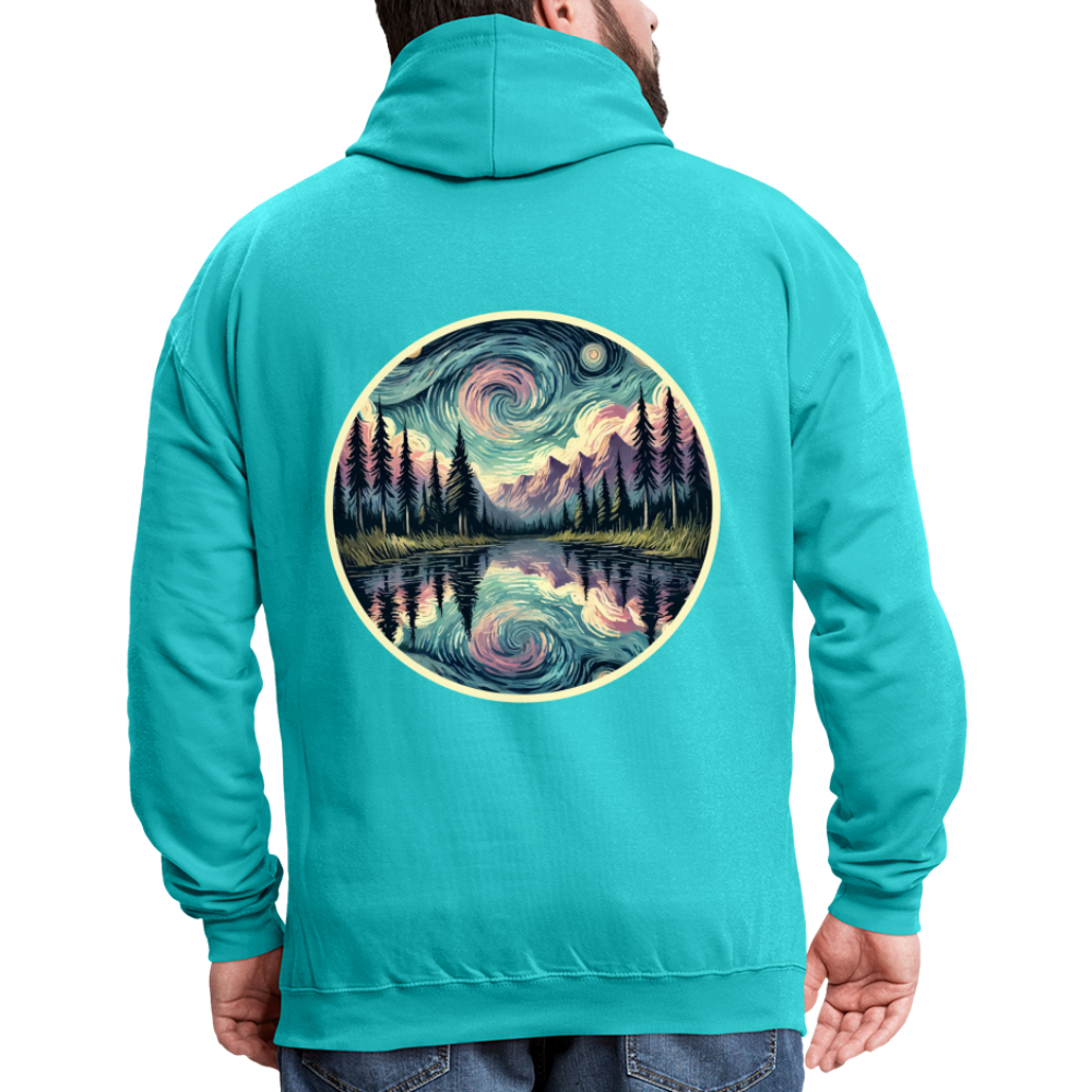 Purple Swirling Sky Reflected on Lake Graphic Unisex Contrast Hoodie with Logo - scuba blue/asphalt