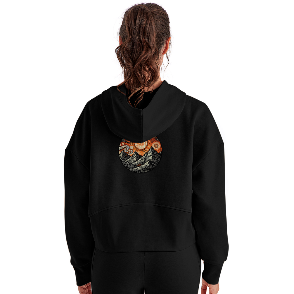 Women's Orange Swirling Mountains Graphic Half Zip Cropped Hoodie with Logo - black