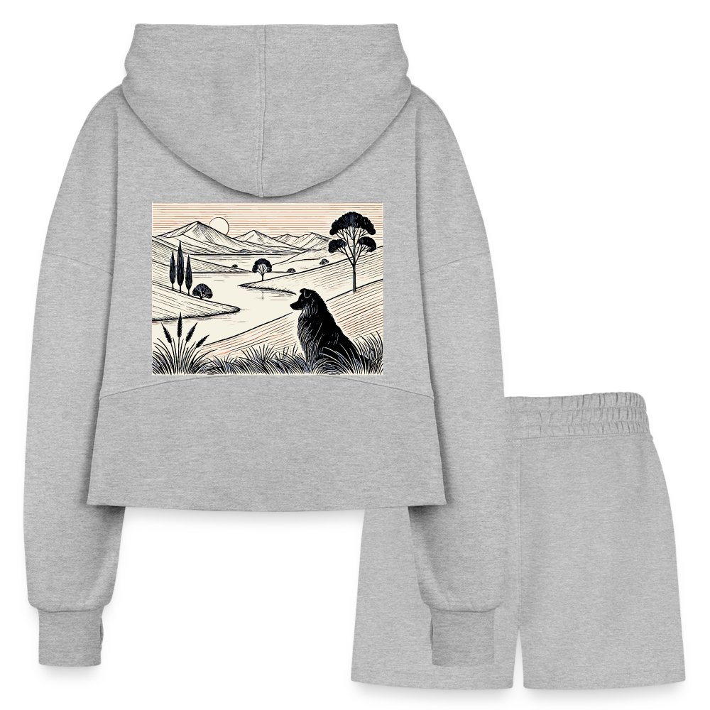 Women’s Australian Shepherd Prairie Graphic Half Zip Cropped Hoodie & Jogger Short Set with Logo - heather gray