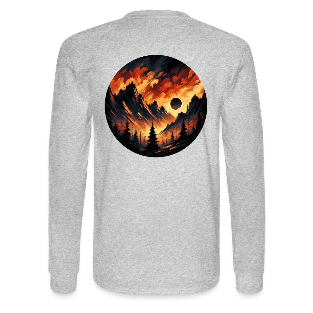 Men's Brushed Orange and Black Mountain Range Graphic Long Sleeve Shirt with Logo - heather gray