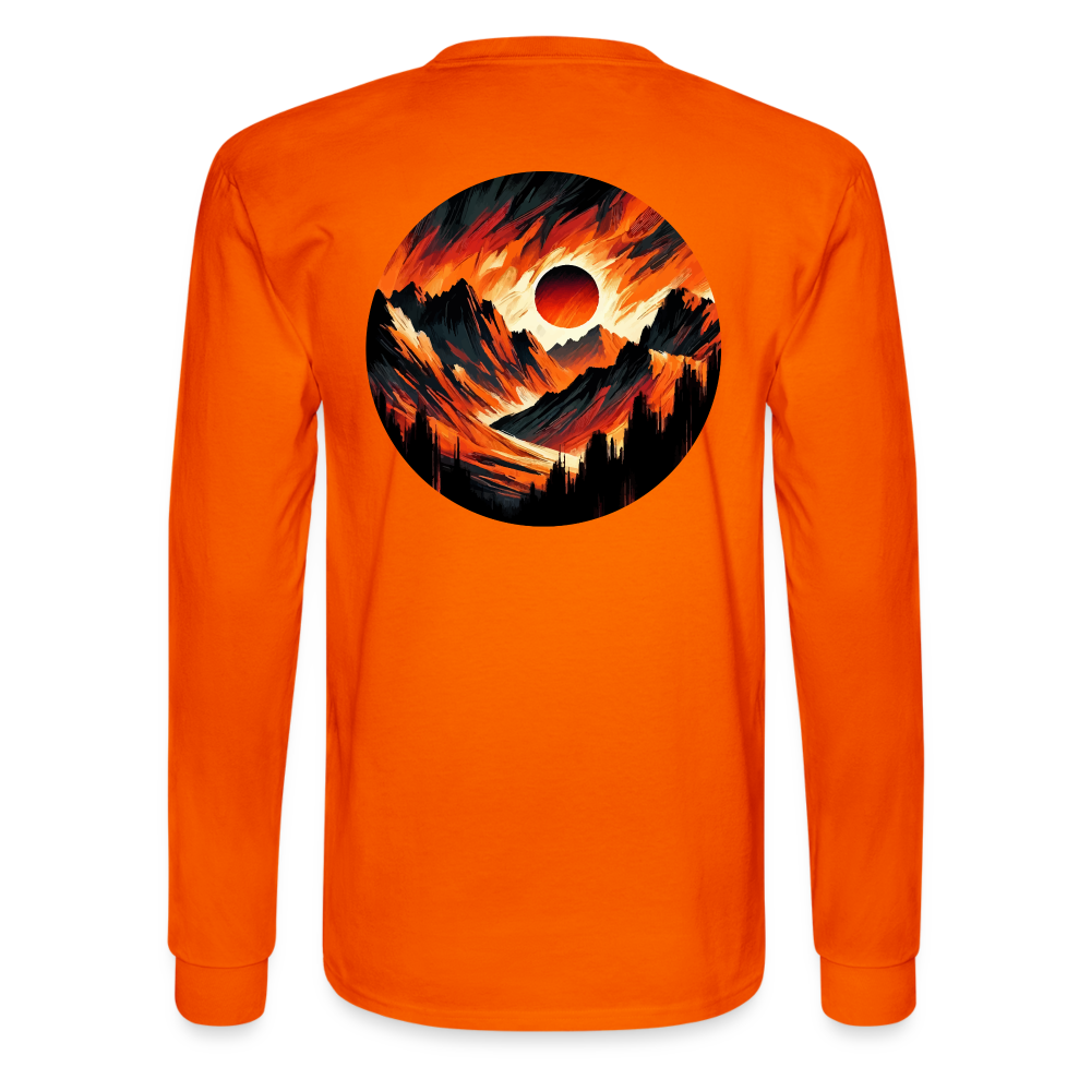 Men's Orange and Black Mountain Range Graphic Long Sleeve Shirt with Logo - orange