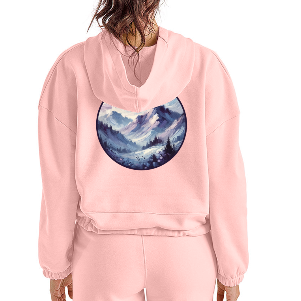 Women’s Lavender Blue Mountain Range Graphic Cropped Hoodie with Logo - light pink