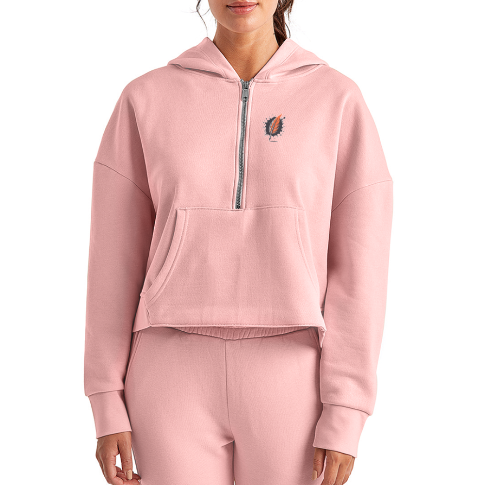 Women's Lavender Blue Mountain Range Graphic Half Zip Cropped Hoodie with Logo - light pink